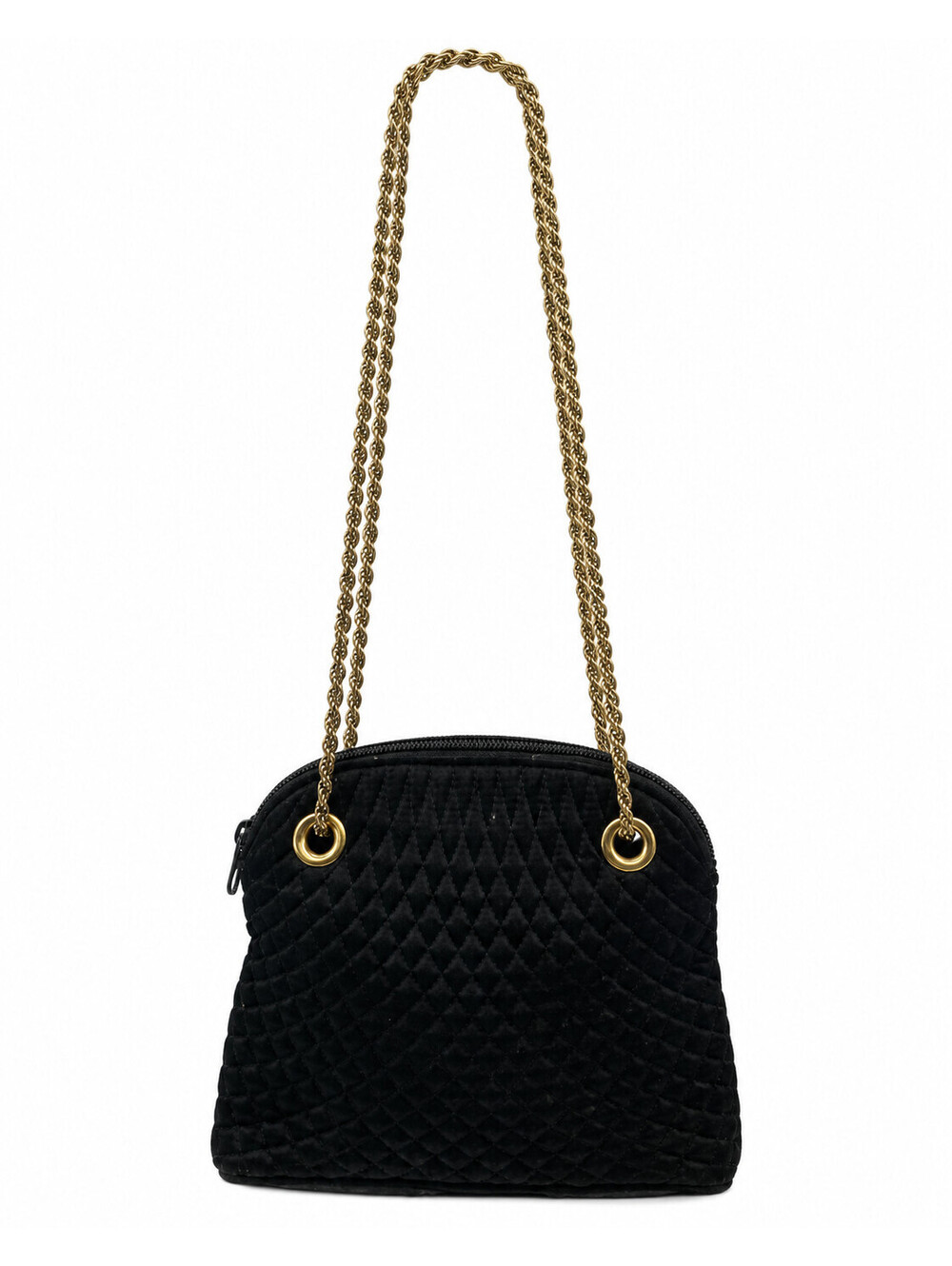 Vintage Bally Black Quilted Satin Crossbody Evening Bag Gold Rope Chain Italy